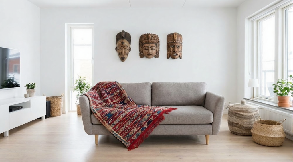 Modern Scandinavian living room featuring a grey sofa with a colorful Moroccan kilim rug draped over it. Above the sofa is a gallery wall of three carved wooden African and Asian masks. The room has light wood floors and a large window.
