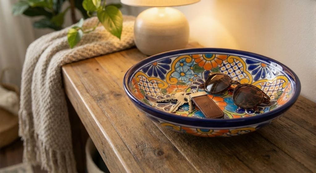 A close-up of a vibrant, hand-painted Mexican ceramic bowl with blue, orange, and yellow floral patterns sitting on a rustic wooden console table. The bowl holds a set of keys and a pair of sunglasses. A lamp and plant are in the soft-focus background.
