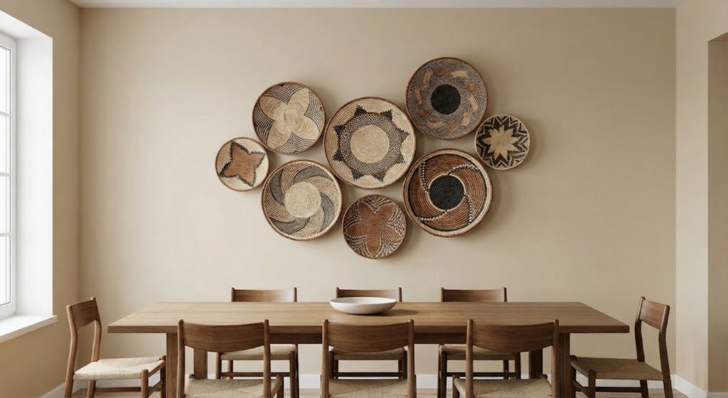 A dining room wall featuring a large gallery wall of seven different flat, woven baskets with various patterns in natural, brown, and black fibers. A long wooden dining table and chairs are set below the basket art.